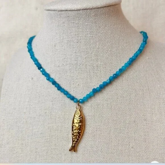 Fish Pendant + Blue Beaded Necklace Gold Fish Necklace WATERPROOF Jewelry PRETTY - Picture 10 of 11